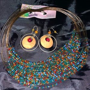 NWT Boho Necklace Earring Set Multicolored Beads Multi Strands Wooden Earrings
